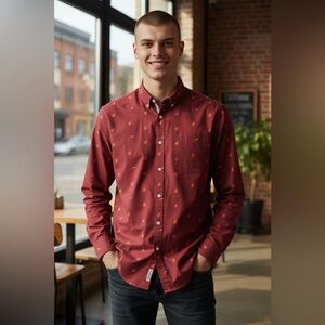 Original Penguin Burgundy Print Button Down Shirt Slim Fit XL‎ NWOT